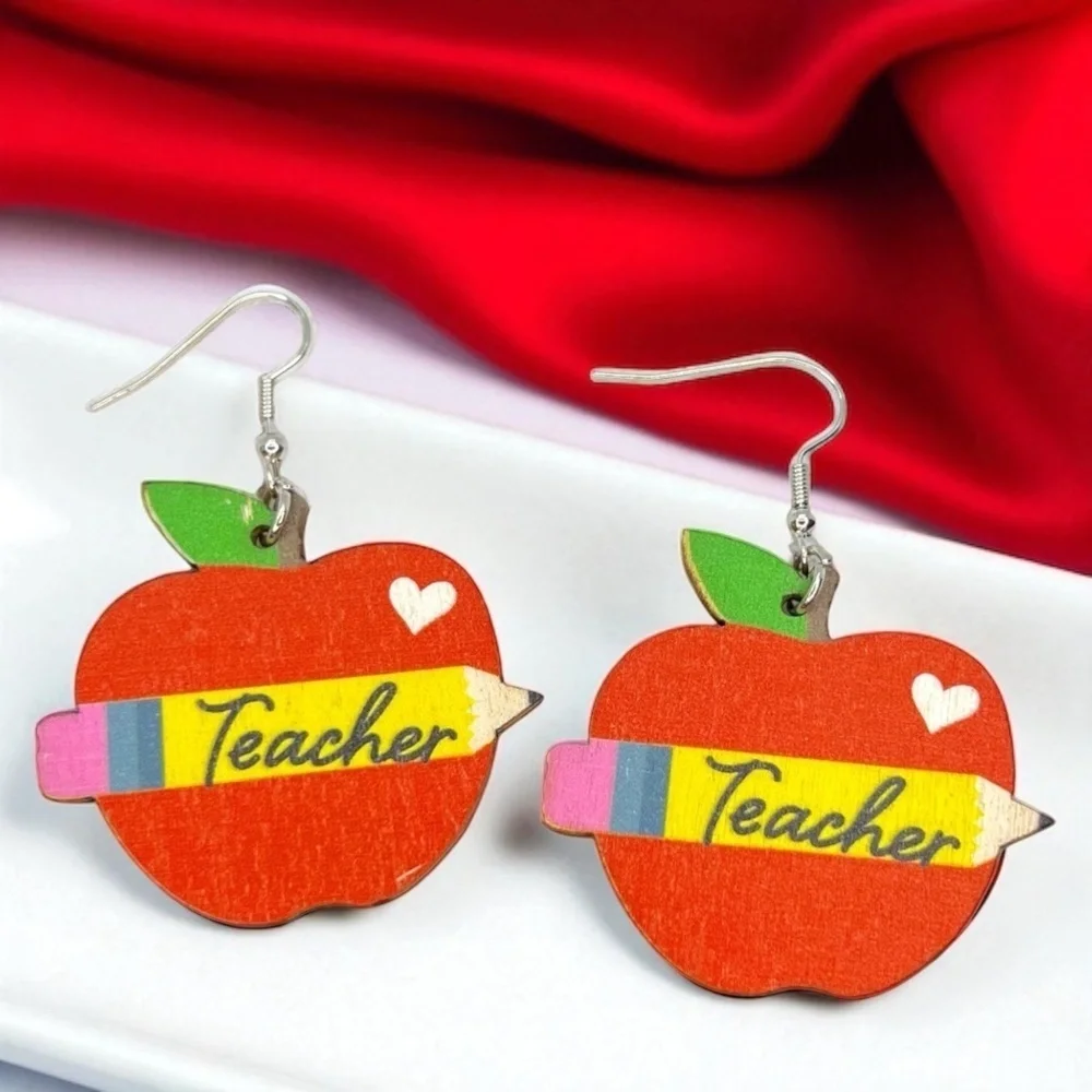 Teacher Apple & Pencil Wooden Earrings Back to School NWT